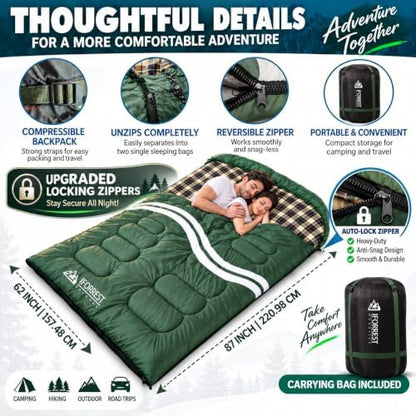 IFORREST Cotton Flannel Double Sleeping Bag for Adults - 10°F 2 Person Extra-Wide & Warm Cold Weather Camping Bed - Queen Size XXL