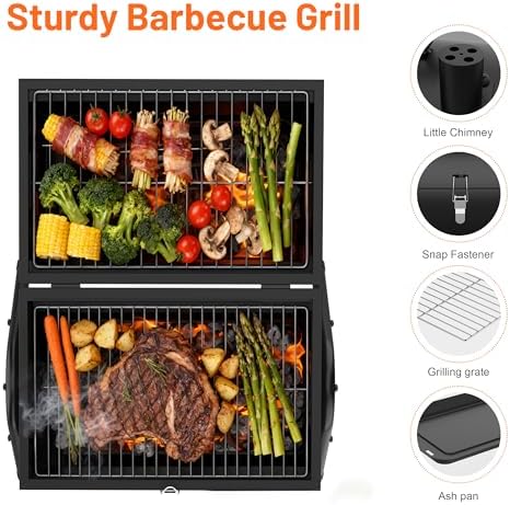 Portable Charcoal Grill with Warming Rack, Wooden Handle, Tabletop BBQ Grill for Outdoor Barbecue Camping Picnic Backyard Patio, Black