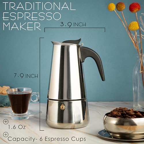 Mixpresso 6 Cup Greca Moka Pot, Stainless Steel Stovetop Espresso Maker