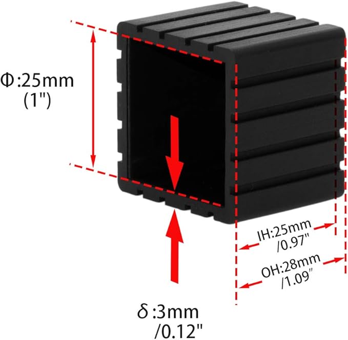 Flyshop Anti-Skid Non-Marking Synthetic Rubber Patio Chair Table Leg Caps Square Furniture Covers 20pcs, Black, 25 mm x 25 mm, 1" x 1"