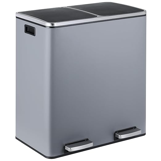 16 Gallon Rectangular Stainless Steel Trash Can, Dual Compartment Garbage Bin with Recycling Combo, Metal Dustbin Lid, Removable Liner, Indoor Hands Free Waste Bucket for Kitchen Home