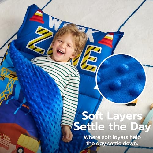 JOIEDOMI Toddler Nap Mat with Removable Pillow and Minky Blanket 55''x30'' Kids Sleeping Bag for Boys and Girls Ages 3-6 Roll Up Soft Nap Mats for Preschool Kindergarten Daycare Sleepover