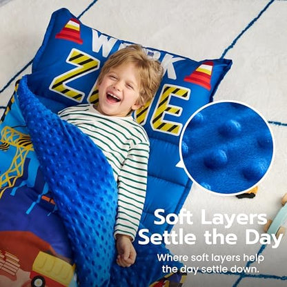JOIEDOMI Toddler Nap Mat with Removable Pillow and Minky Blanket 55''x30'' Kids Sleeping Bag for Boys and Girls Ages 3-6 Roll Up Soft Nap Mats for Preschool Kindergarten Daycare Sleepover