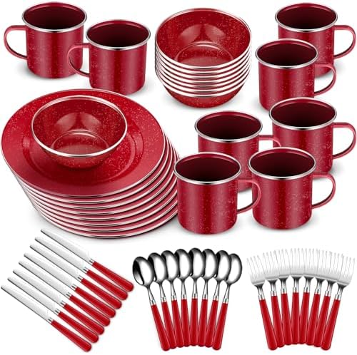 Nuogo 48 Pcs Camping Dinnerware Enamel Mugs Plates Bowls Utensils, Red