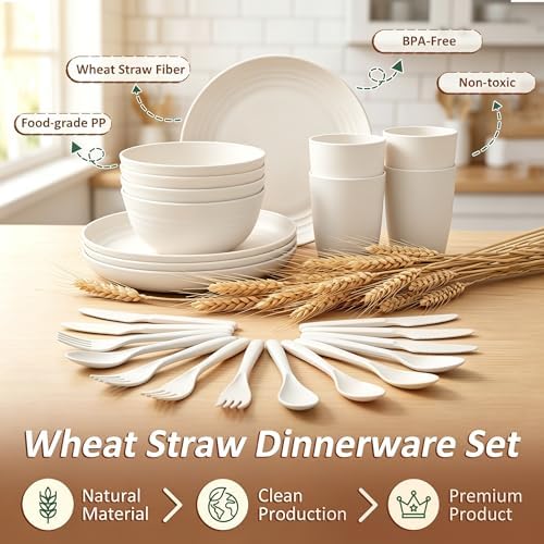 Kids Dishes Set for 4, Wheat Straw Plate and Bowl Set for 4 - White