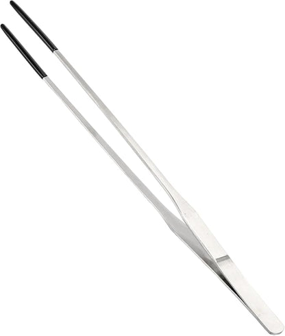 Reptile Feeding Tongs, Stainless Steel Lizard Feeding Tongs, Aquarium Straight Feeding Tweezers for Reptiles with Rubber Tip, Terrarium Feeding Tongs 10.63" L, Black Silver Tone