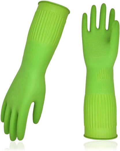 Vgo... 1-Pair Dishwashing Gloves, Reusable Household Gloves, Kitchen Gloves, Long Sleeve, Thick Latex, Cleaning, Washing, Working, Painting, Gardening, Pet Care (Size L,Green, RB2143)