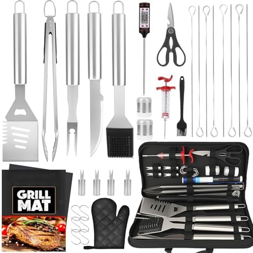 BBQ Grill Accessories, 32Pcs Grilling Gifts for Men Birthday Fathers Day, Heavy Duty Stainless Steel Grill Tool Set, Grill Utensils Kit for Outdoor Grill with Case, Thermometer & Meat Injector