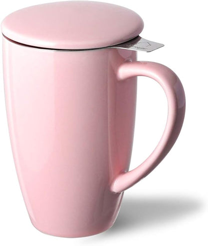Sweejar Porcelain Tea Infuser Mug with Lid, 16 oz Teacup with Strainers for Loose Leaf Tea, Microwave and Dishwasher Safe Coffee Mug(Pink)