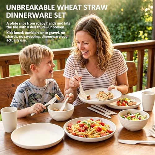 Kids Dinnerware Sets, Unbreakable Bowls and Plates Set for 4(Beige)