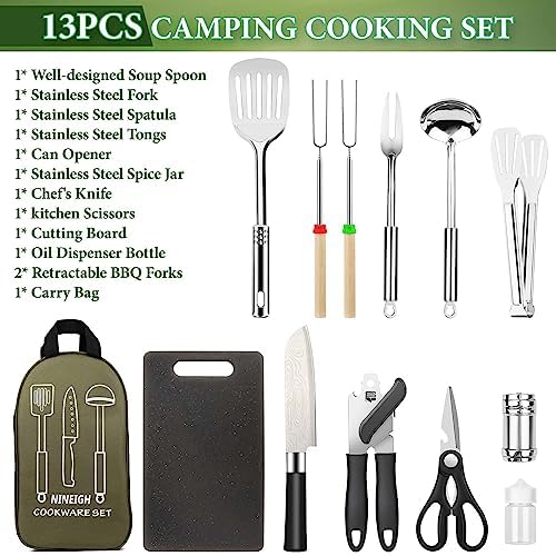Camping Cooking Utensils Set, Stainless Steel Grill Tools, Camping BBQ Cookware Gear and Equipment for Travel Tenting RV Van Picnic Portable Kitchen Essentials Accessories
