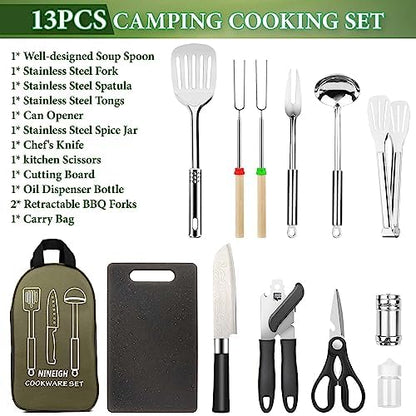 Camping Cooking Utensils Set, Stainless Steel Grill Tools, Camping BBQ Cookware Gear and Equipment for Travel Tenting RV Van Picnic Portable Kitchen Essentials Accessories