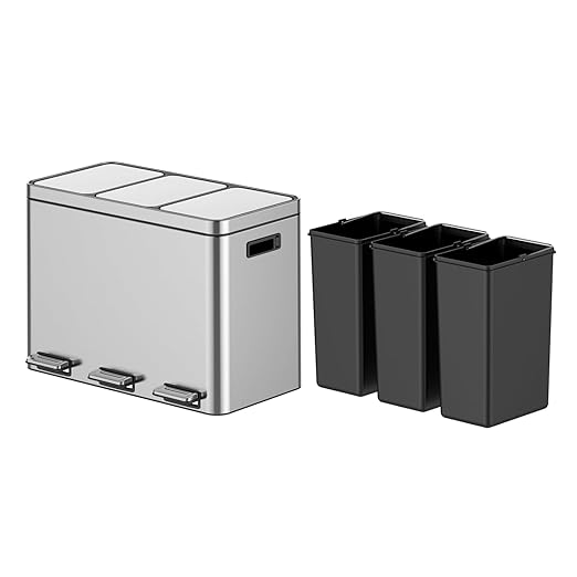 3 x 4 Gal (3 x 15L) Trash Can, Stainless Steel Triple Compartment Step-On Recycling Bin with Soft-Close Lids & Removable Plastic Inner Buckets for Kitchen, Home, Office