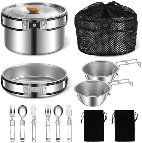 11Pcs Camping Cookware Set，Portable Camping Essentials with Accessories，Stainless Steel Lightweight Nonstick Pots、Pans、Bowls and Utensils for Backpacking RV Tailgating Cooking and Outdoor Cooking