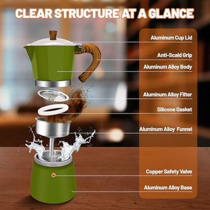 6 Cup Aluminum Espresso Stovetop Moka Pot Express Coffee Maker Percolator Italian Classic Mocha Coffee Machine for Italian and Cuban Cafe Brewing for Home & Camping 300ml 10oz
