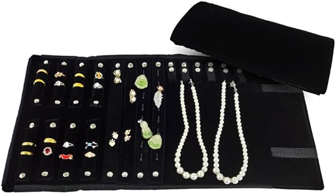Velvet Travel Jewelry Case Roll Bag Organizer for Necklace Bracelet Earrings Ring (Black) (Black(4+2+2+6))