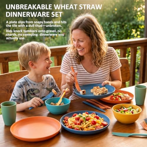 Plastic Dinnerware Sets for 4, Kitchen Plates and Bowls Set - Multi