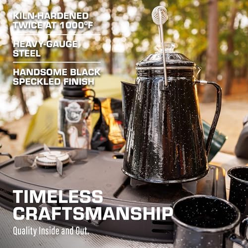 COLETTI Classic Enamel Set Coffee Percolator & Mugs — The Most Nostalgic Camping Coffee Pot, Now Modernized [Black Enamel, 12 Cup Percolator Coffee Pot & Set of 4 Mugs]