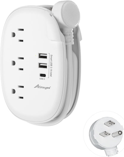 Alitayee USB C Travel Power Strip,Portable Power Strip with 3 Outlets 3 USB Ports Fast Charge, USB Extension Cord with Flat Plug and 4ft Wrapped Around Extension Cord for Cruise Travel Home Office