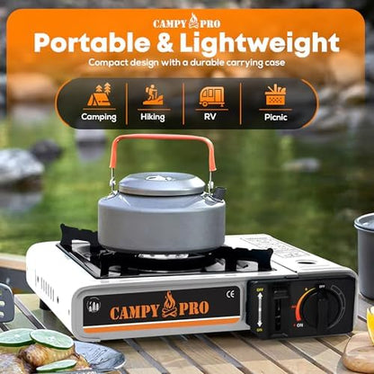 Portable Butane Gas Stove with Automatic Ignition and Carrying Case – Compact Camping Stove for Hiking, Outdoor Cooking, and Emergency Use (WHİTE)