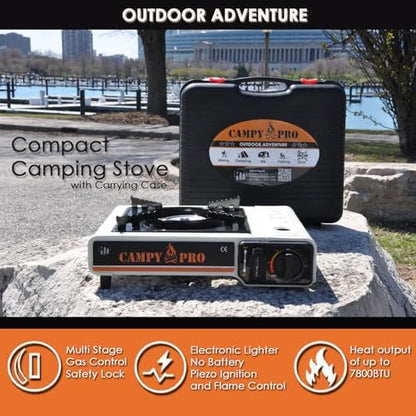 Portable Butane Gas Stove with Automatic Ignition and Carrying Case – Compact Camping Stove for Hiking, Outdoor Cooking, and Emergency Use (WHİTE)