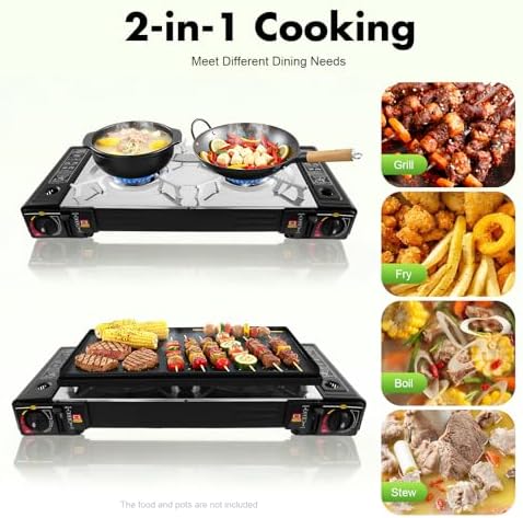 2 Burners Camping Stove, 2500W Butane or Gas Portable Camping Burner with Baking Pan & Carrying Case for Outdoor Cooking