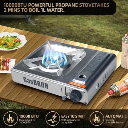 GasBRUH Single Butane Camping Stove with Windblocker, 10000BTU Stainless Steel Portable Camping Stove with Carry Case,Gas Stove for Camping,Tailgating,Outdoor Cooking,Emergency(Fuel not included)