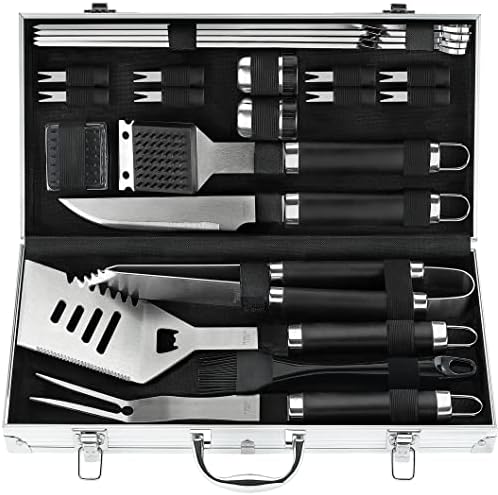 POLIGO 22PCS Heavy Duty BBQ Grill Accessories Set, Non-Slip Grill Tools for Outdoor Grill Set Stainless Steel Grill Utensils Set, Deluxe Grilling Tools Set in Aluminum Case Ideal Gifts for Men Black