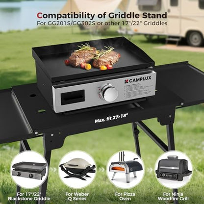 CAMPLUX Griddle Stand for 17” / 22” Tabletop Griddles, Foldable Grill Stand with Dual Side Shelves, 18.1–29.2” Adjustable Height, Anti-Rust Outdoor Griddle Table for Camping & Tailgating