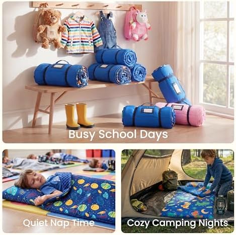 JOIEDOMI Toddler Nap Mat with Removable Pillow and Minky Blanket 55''x30'' Kids Sleeping Bag for Boys and Girls Ages 3-6 Roll Up Soft Nap Mats for Preschool Kindergarten Daycare Sleepover