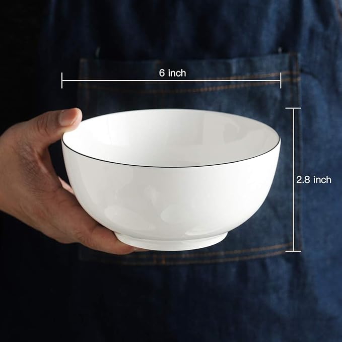 YOLIFE 26 Ounce Cereal Bowls, Ceramic Soup Bowls Set of 6, 6 inch White Salad Bowl for Breakfast, Oatmeal, Rice, Pasta, Dishwasher Microwave Oven Safe(Black Trim)
