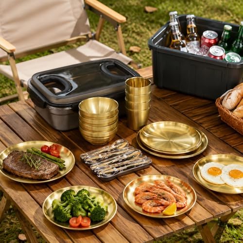 304 Stainless Steel Dinnerware Sets for 6, Portable Camp Kitchen Dinnerware, Shiny Outdoor Dish Sets, Family Camping Plates Bowls 33.5x23.5x12.5cm, 4-Person Tableware Set