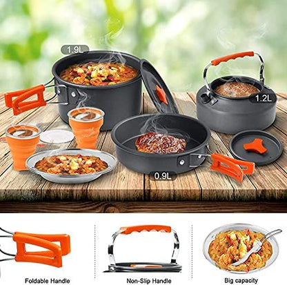 Camping Cooking Set Camping Cookware Outdoor Aluminum Mess Kit with Frying Pan, Pot with Lid, 1.2L Kettle Set and 2 Stainless Steel Plate, 2 Folding Cups and 2 Set Knives Spoons for Backpacking Picnic