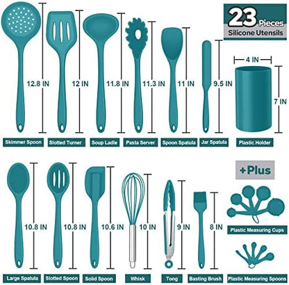 Silicone Kitchen Utensils Set, E-far 23 Pcs Blue Cooking Utensils Tools with Holder for Nonstick Cookware, Include Spatula/Spoon/Ladle/Tongs/Turner, Heat Resistant & Nontoxic, Dishwasher Safe