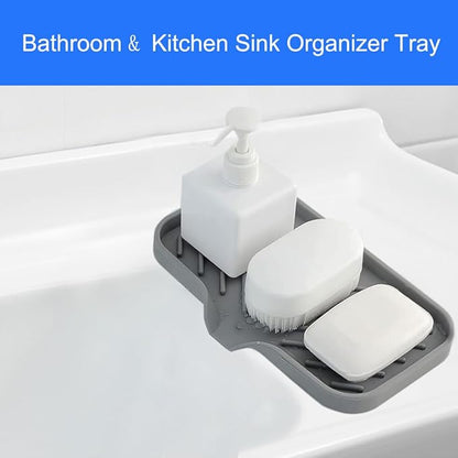 Sponge Holder for Kitchen Sink, Silicone Sponge Dish Tray with Drain Spout, Soap Dispenser Holder for Shower Bathroom (Grey, 9.8" x 4.9")