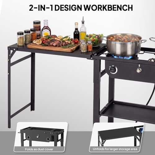 Bonnlo 2 Burner Propane Gas Stove with Work Station & Auto Ignition, 150,000 BTU Portable Camping Stove with Wheels & Regulator, Outdoor Propane Stove for Backyard Patio Cooking BBQ