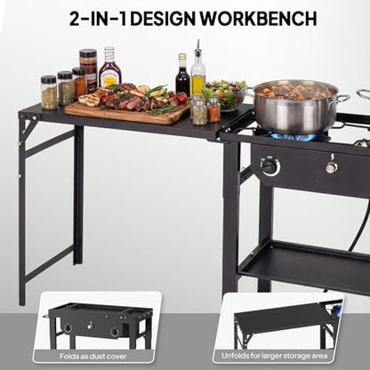 Bonnlo 2 Burner Propane Gas Stove with Work Station & Auto Ignition, 150,000 BTU Portable Camping Stove with Wheels & Regulator, Outdoor Propane Stove for Backyard Patio Cooking BBQ