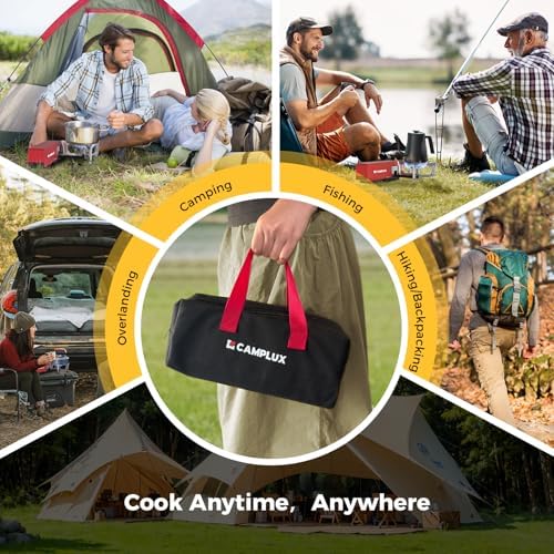 CAMPLUX FoldGo Camping Stove, 7500 BTU Portable Butane Gas Stove, Foldable Cassette Stove with Carry Bag & Adjustable Burner, CSA Certified Collapsible Butane Stove for Outdoor Cooking, Red