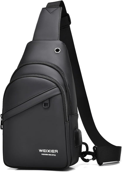 Waterproof Sling Bags Mens Shoulder Crossbody Backpack with USB Charging Port& Headphone,Outdoor Lightweight Bag