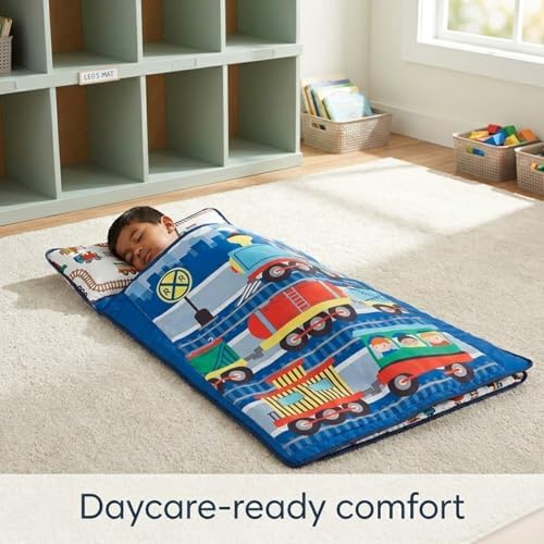 EVERYDAY KIDS Toddler Nap Mat with Removable Pillow -Choo Choo Train- Carry Handle with Fastening Straps Closure, Rollup Design, Soft Microfiber for Preschool, Daycare, Sleeping Bag - Ages 2-6 Years