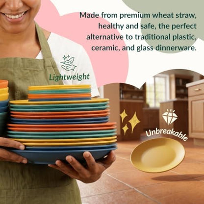 40-Piece Unbreakable Plastic Wheat Straw Dinnerware Set - Multi Color, 8-Person Dish Set for Dinner, Plates, Bowls, Cups & Appetizer Plates - Perfect for Outdoor Camping