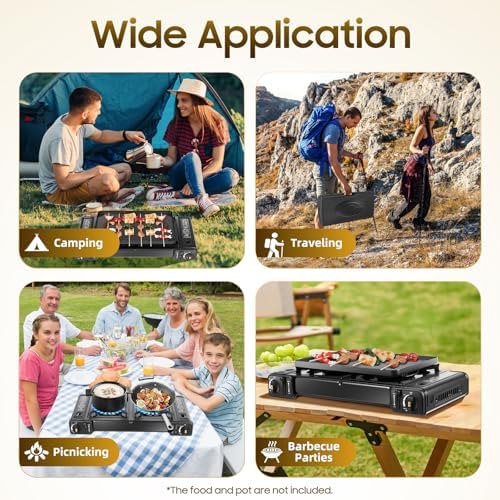 Camping Stove, Portable Butane Camping Stove, Propane Stove 2 Burner Propane Gas Stove, Double Auto Ignition Camping Burner LPG for RV, Apartments, Motorhome, Outdoor, Indoor