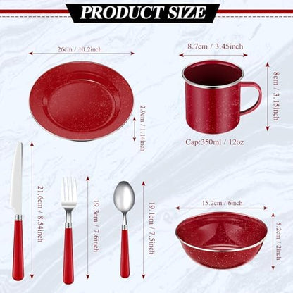 Nuogo 24 Pcs Camping Dinnerware Enamel Mugs Plates Bowls Utensils, Red
