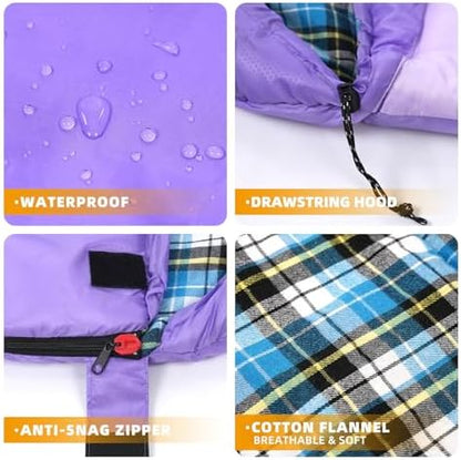 Cotton Flannel Lined Sleeping Bag for Adults Teens Kids, Cold Weather & Warm, 3 Seasons, Lightweight Compact Camping Essentials Equipment, Hiking, Outdoor, Travel