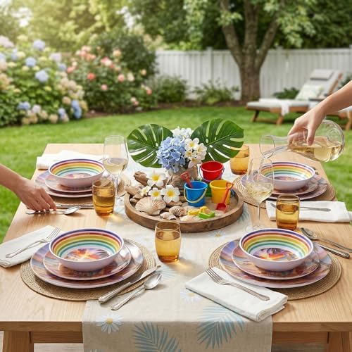 12-Piece Melamine Plates and Bowls Set, Beach Sunset Dinnerware Set