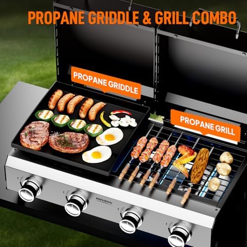 Bonnlo 4 Burners Gas Flat Top Grill and Griddle Combo with Lid, Powerful 40,000 BTU Grills with Integrated Ignition & Heat-resistant coating, Camping Grill with Simple Control Knob for Outdoor BBQ Use