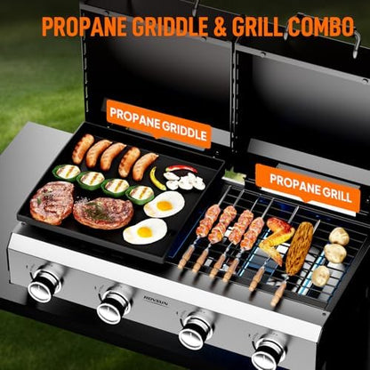 Bonnlo 4 Burners Gas Flat Top Grill and Griddle Combo with Lid, Powerful 40,000 BTU Grills with Integrated Ignition & Heat-resistant coating, Camping Grill with Simple Control Knob for Outdoor BBQ Use