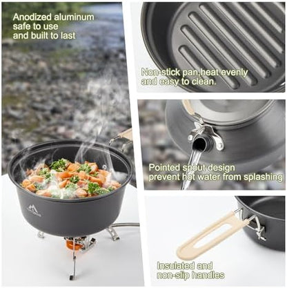 THTYBROS 27pcs Camping Cooking Set for 2-4 People, Portable Cookware Set with Kettle, Pots & Pans, Stainless Steel Utensils, Plates, Dishware for Backpacking, Picnic, Outdoor Adventures