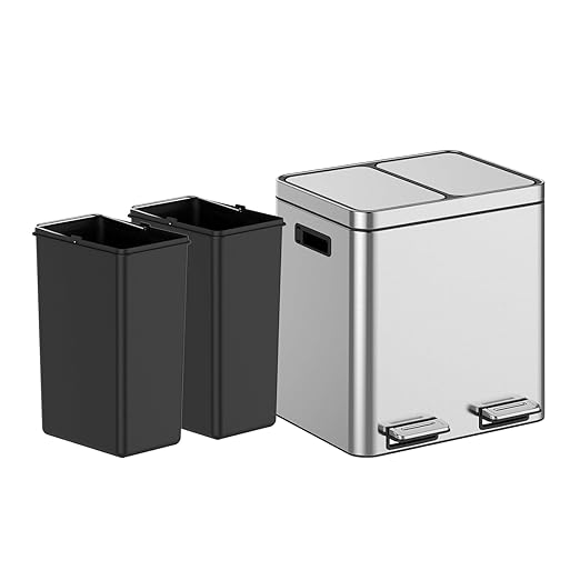 2 x 4 Gal (2 x 15L) Trash Can, Stainless Steel Triple Compartment Step-On Recycling Bin with Soft-Close Lids & Removable Plastic Inner Buckets for Kitchen, Home, Office
