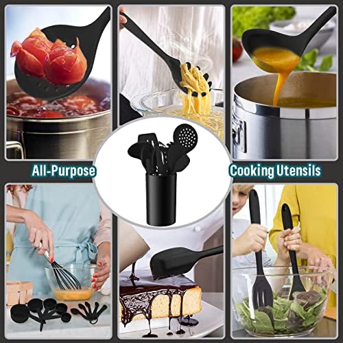 Silicone Kitchen Utensils Set, E-far 23 Pcs Black Cooking Utensils Tools with Holder for Nonstick Cookware, Include Spatula/Spoon/Ladle/Tongs/Turner, Heat Resistant & Nontoxic, Dishwasher Safe